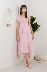 Coco Smocked Crochet Tiered Midi Dress In Pink (XS)