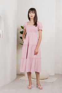 Coco Smocked Crochet Tiered Midi Dress In Pink (XS)
