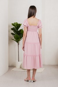 Coco Smocked Crochet Tiered Midi Dress In Pink (XS)