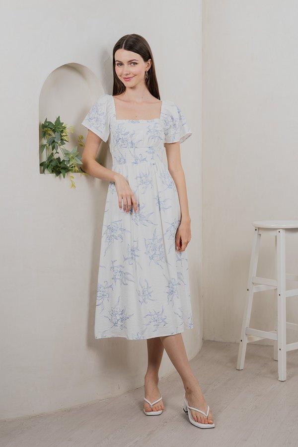 Parisa Printed Smocked Waist Midi Dress In Pastel Blue