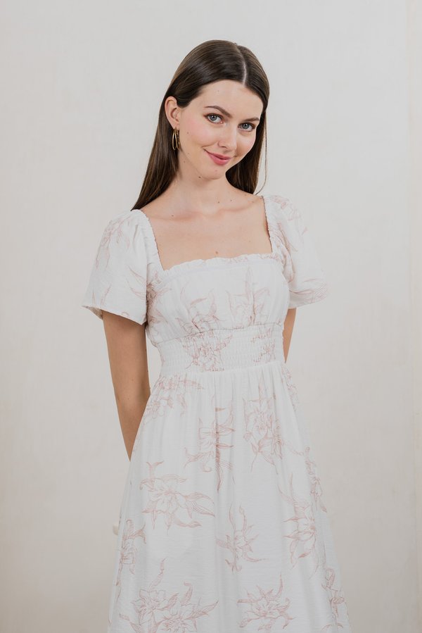 Parisa Printed Smocked Waist Midi Dress In Blush Pink