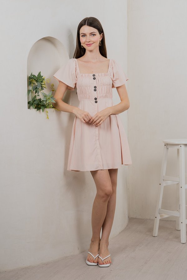 Saylor Tencel Ruched Buttons Dress In Blush