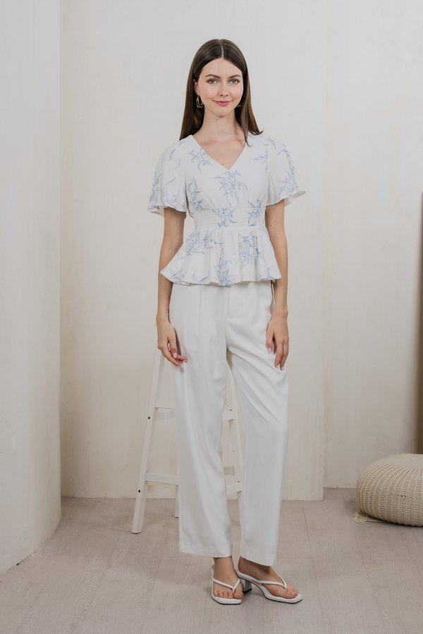 Parisa Printed Smocked Waist Top In Pastel Blue