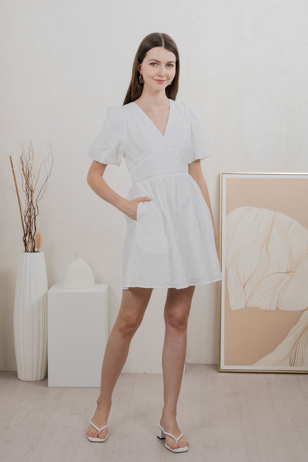 Ohara Embroidery Empire Dress In White