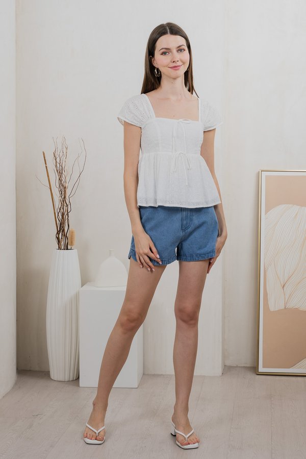 Lucille Eyelet Ribbon Top In White