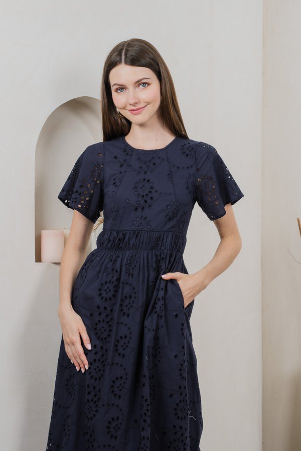 Emeris Eyelet Embroidery Midi Dress In Navy (XS)