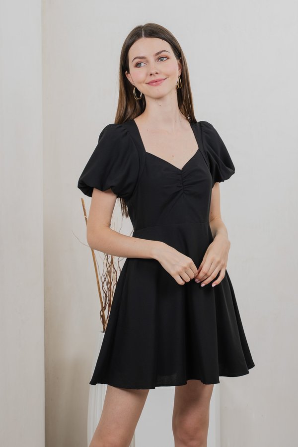 Patrice Sweetheart Puff Sleeves Dress In Black