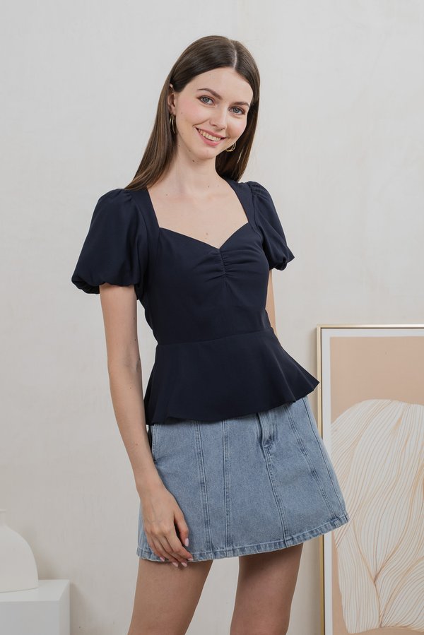 Patrice Sweetheart Puff Sleeves Top In Navy