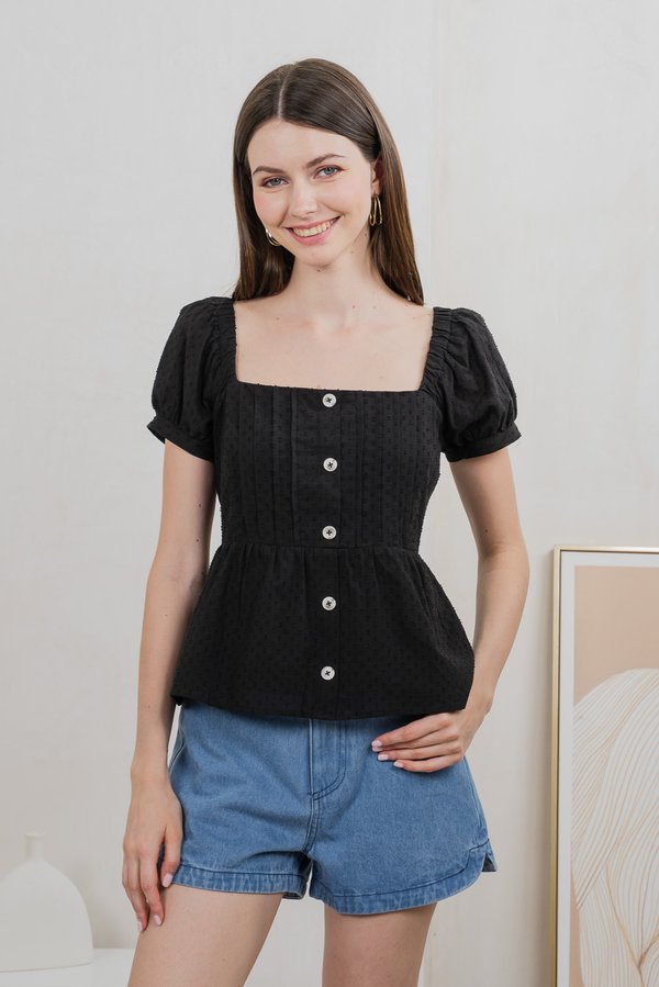 Indigo Swissdot Pintuck Button Top In Black