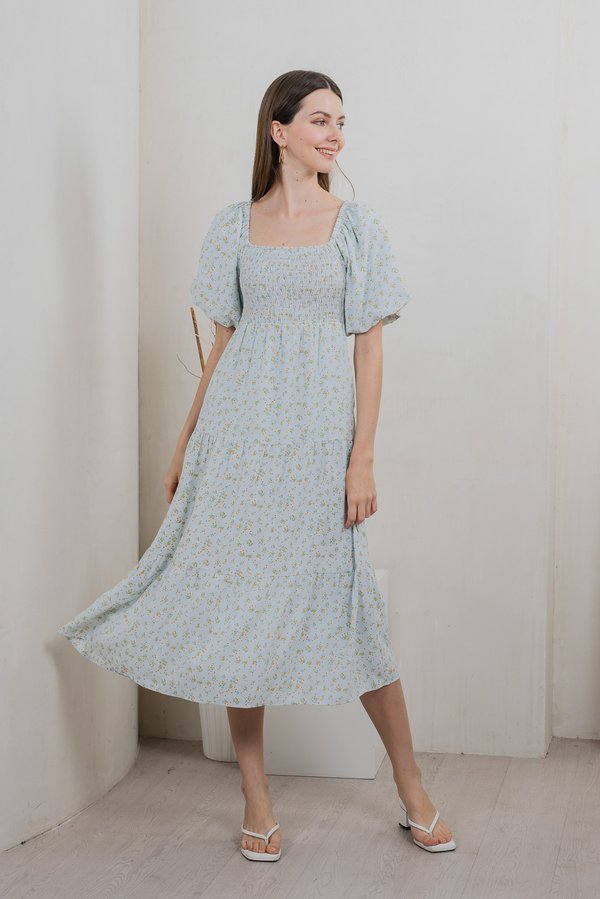 Twyla Smocked Tiered Midi Dress In Light Blue