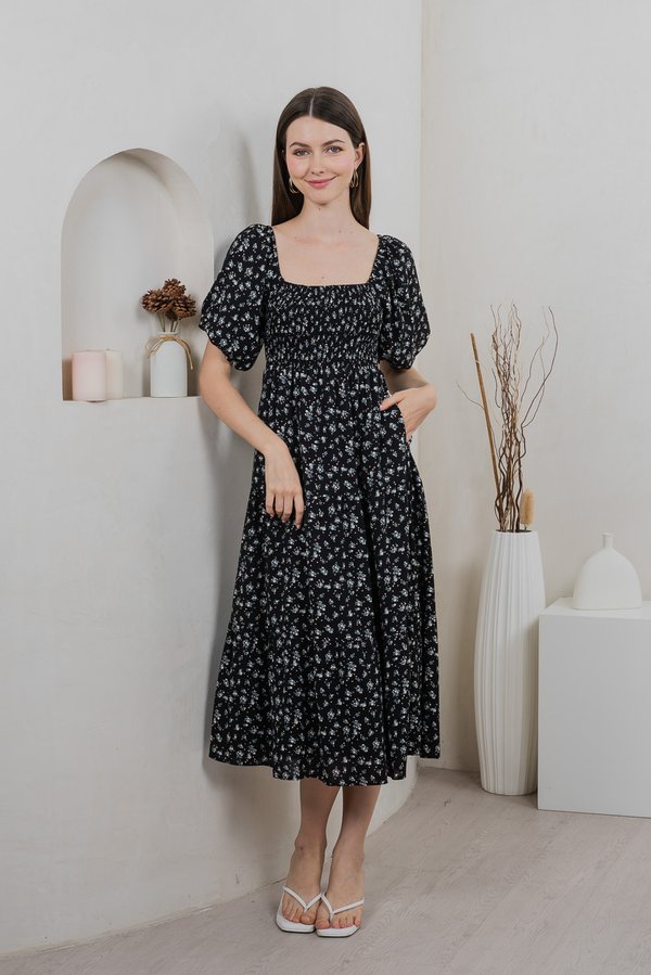 Twyla Smocked Tiered Midi Dress In Black