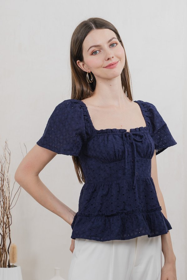 Estin Eyelet Embroidery Ribbon Top In Navy
