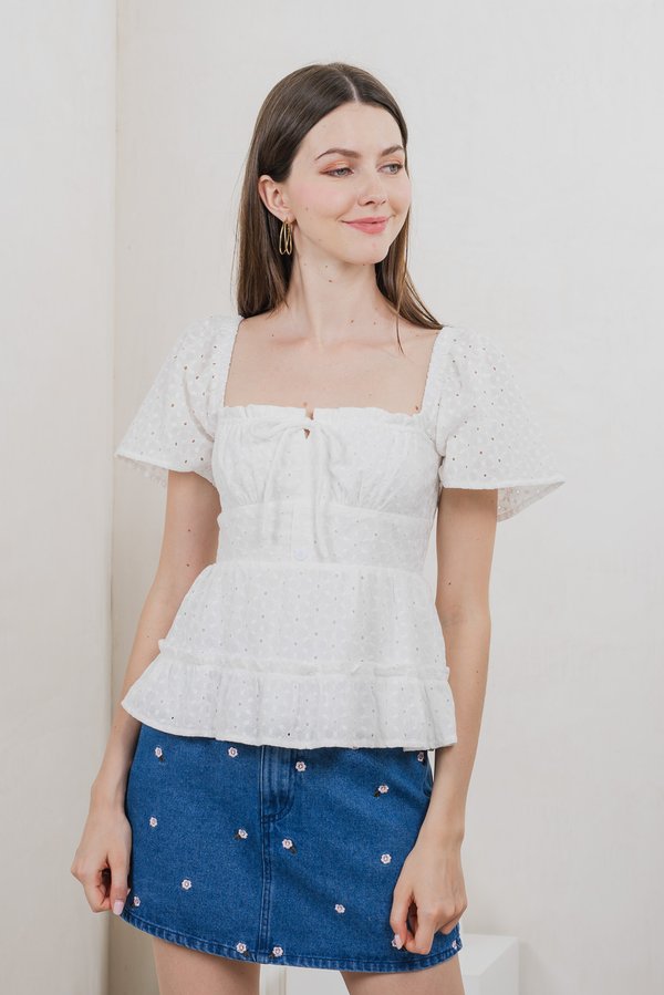 Estin Eyelet Embroidery Ribbon Top In White