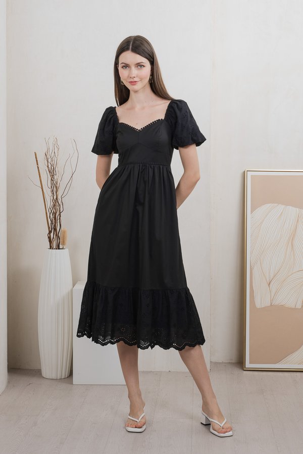 Everett Mixed Fabric Empire Midi Dress In Black
