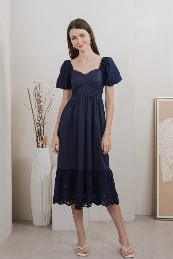 Everett Mixed Fabric Empire Midi Dress In Navy