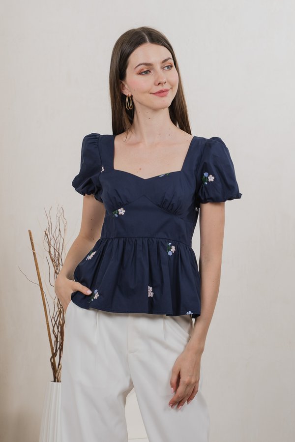 Flourish Floral Embroidery Top In Navy