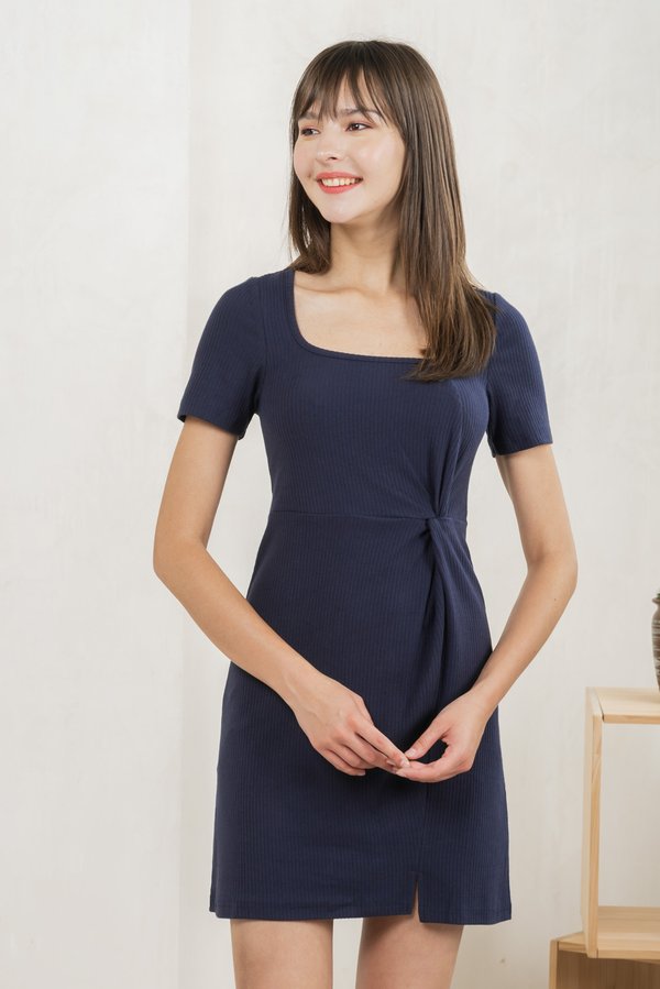 Corela Side Twist Ribbed Cotton Dress In Navy