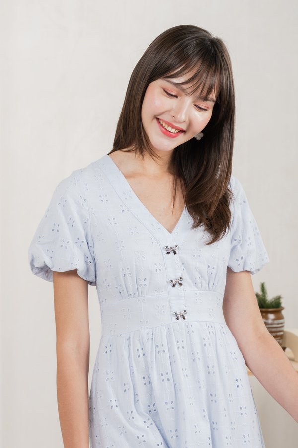 Eunice Ribbon Button Eyelet Midi Dress In Blue (XS)