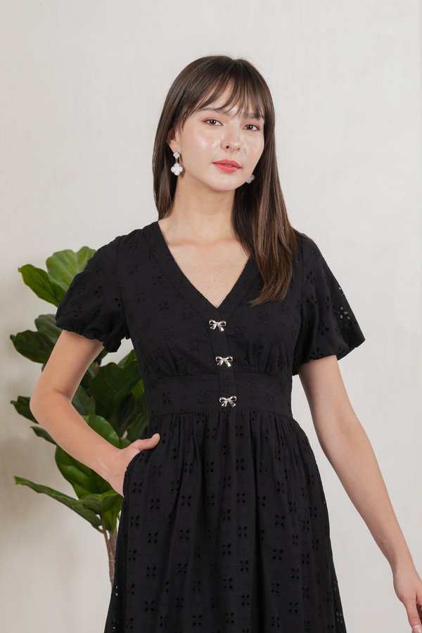 Eunice Ribbon Button Eyelet Midi Dress In Black (XS)