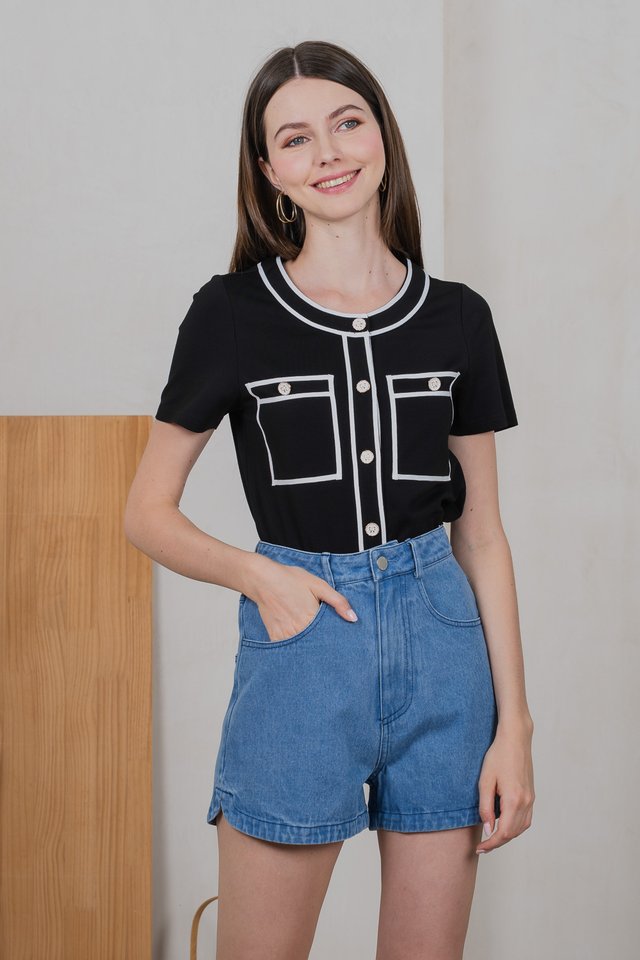 Stardust Contrast Piping Top In Black
