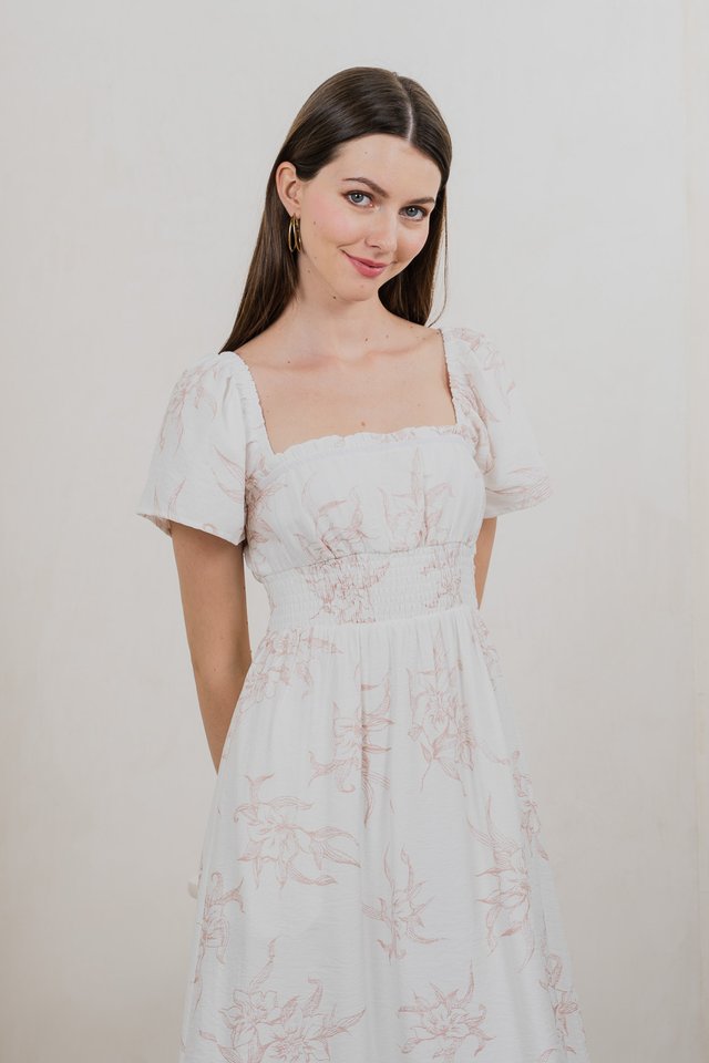 Parisa Printed Smocked Waist Midi Dress In Blush Pink