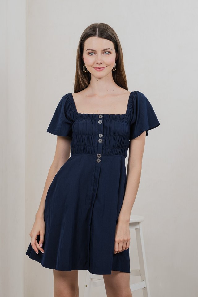Saylor Tencel Ruched Buttons Dress In Navy