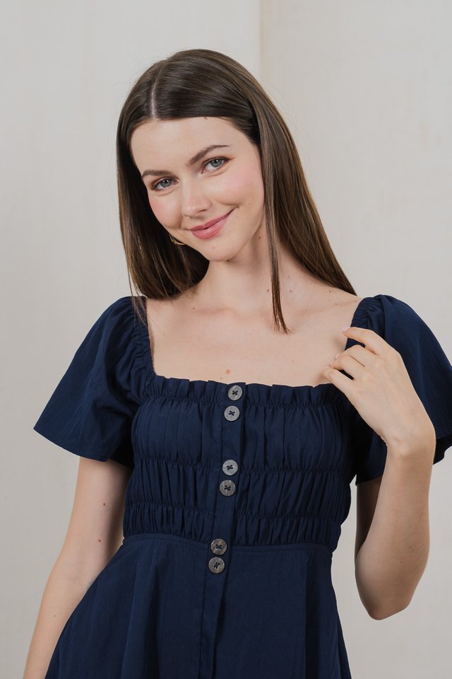 Saylor Tencel Ruched Buttons Dress In Navy