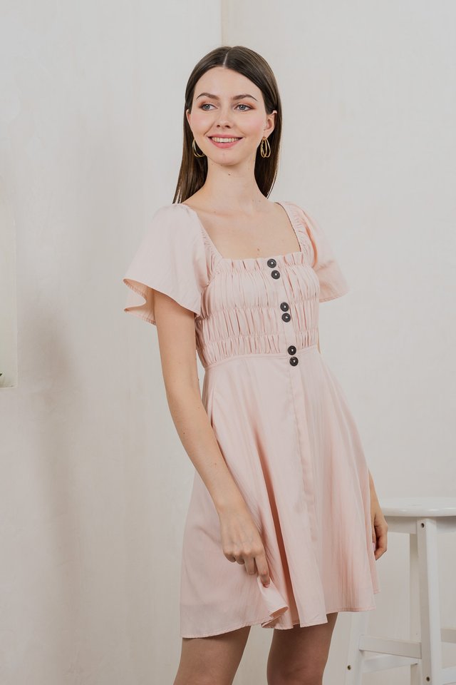 Saylor Tencel Ruched Buttons Dress In Blush