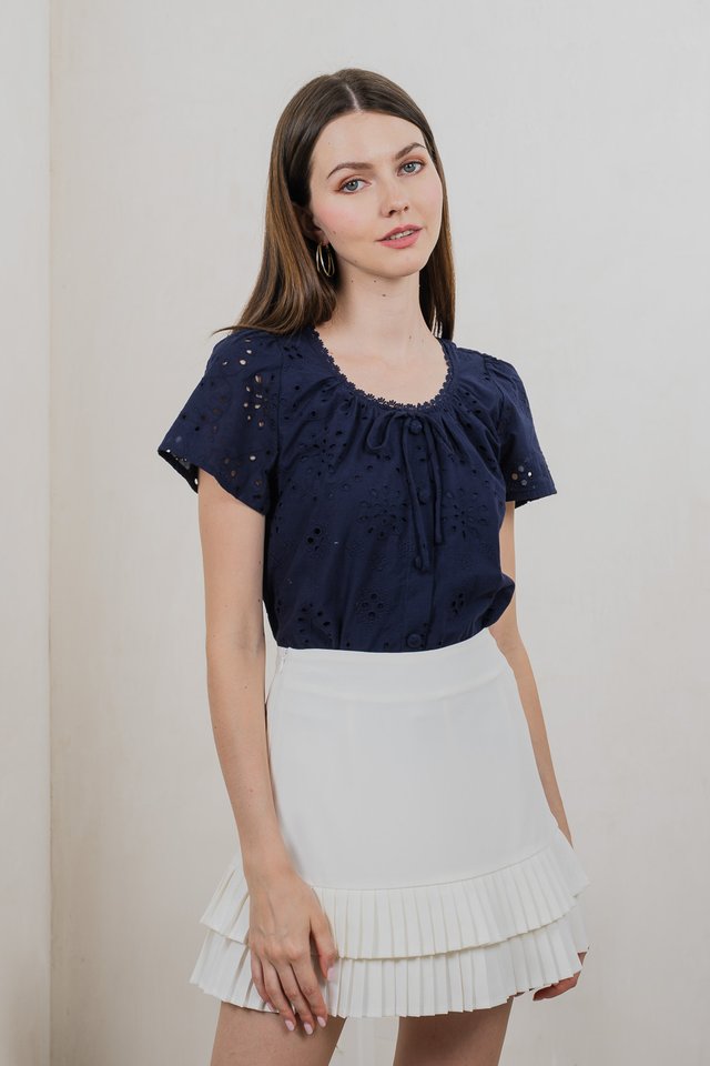 Centella Ribbon Embroidered Top In Navy