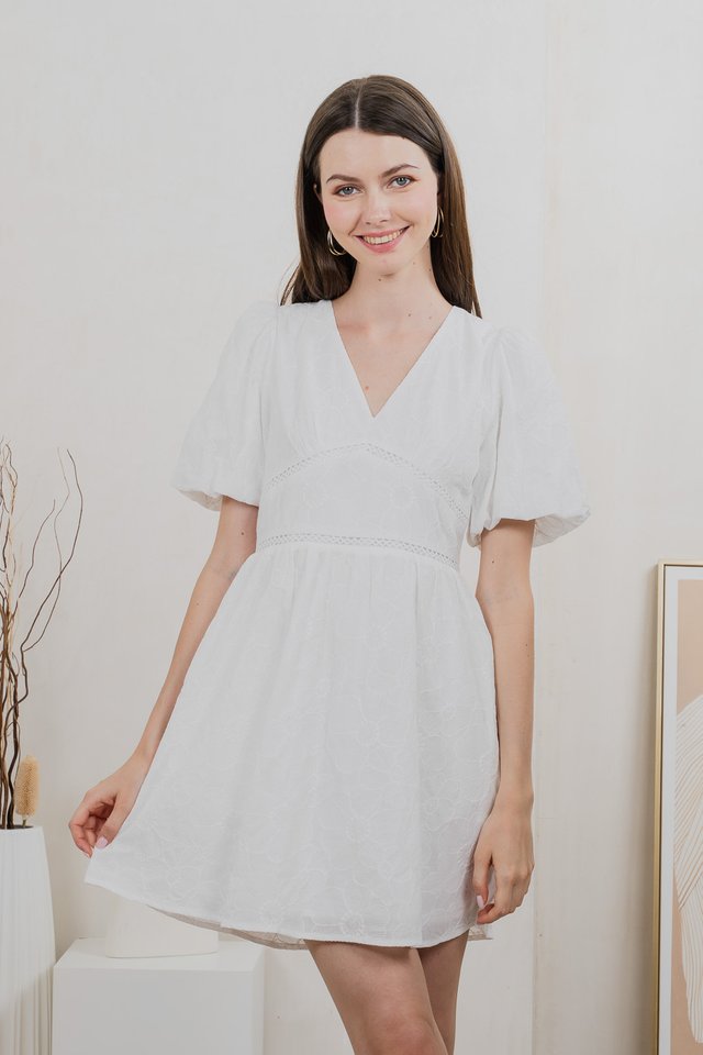 Ohara Embroidery Empire Dress In White