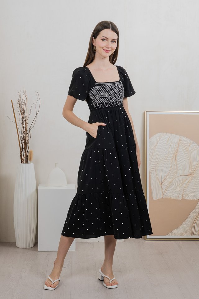 Sofi Polka Dot Midi Dress In Black