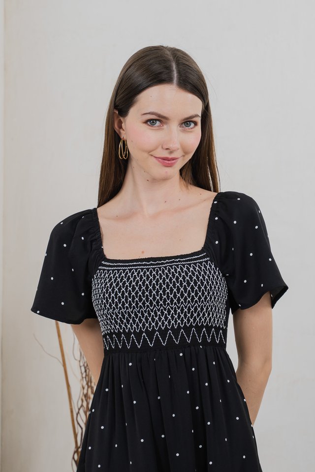 Sofi Polka Dot Midi Dress In Black