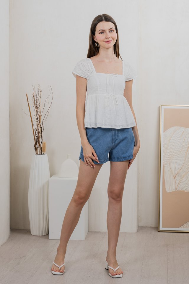 Lucille Eyelet Ribbon Top In White