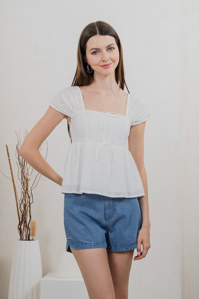 Lucille Eyelet Ribbon Top In White