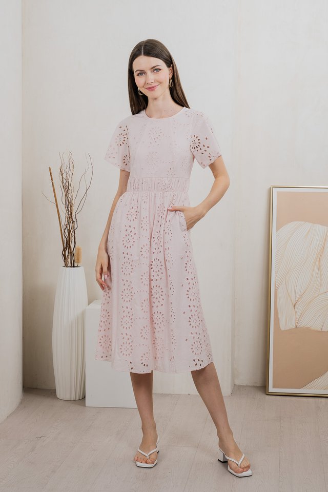 Emeris Eyelet Embroidery Midi Dress In Light Pink