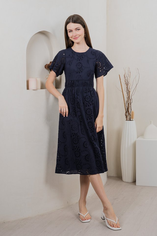 Emeris Eyelet Embroidery Midi Dress In Navy