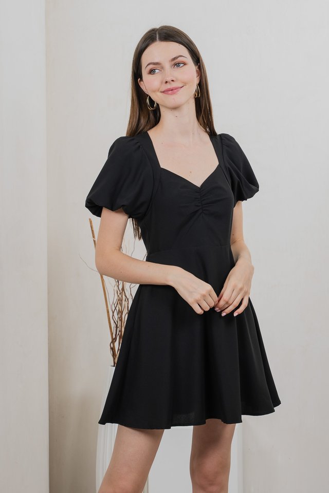 Patrice Sweetheart Puff Sleeves Dress In Black