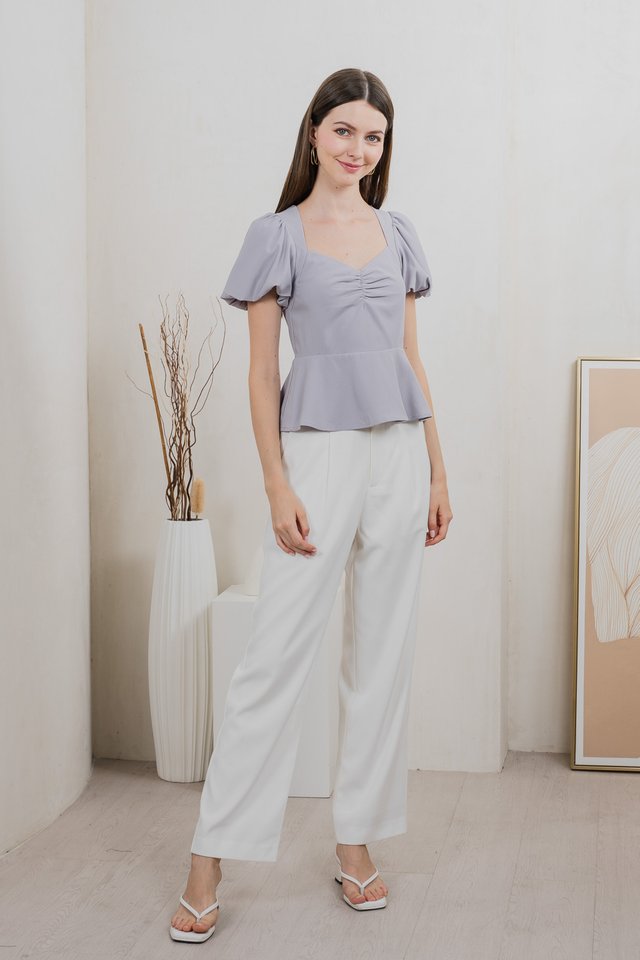 Patrice Sweetheart Puff Sleeves Top In Grey