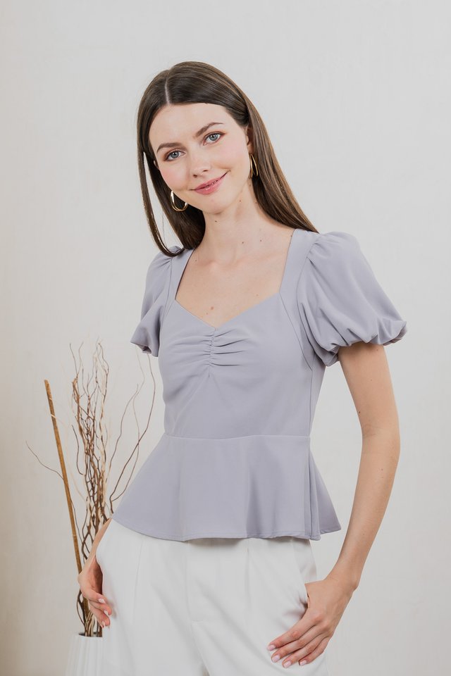 Patrice Sweetheart Puff Sleeves Top In Grey