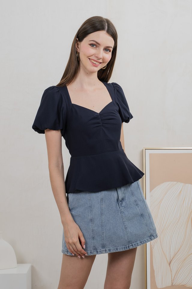 Patrice Sweetheart Puff Sleeves Top In Navy