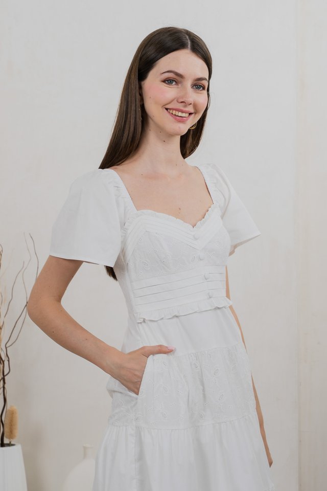 Perla Pintuck Eyelet Maxi Dress In White