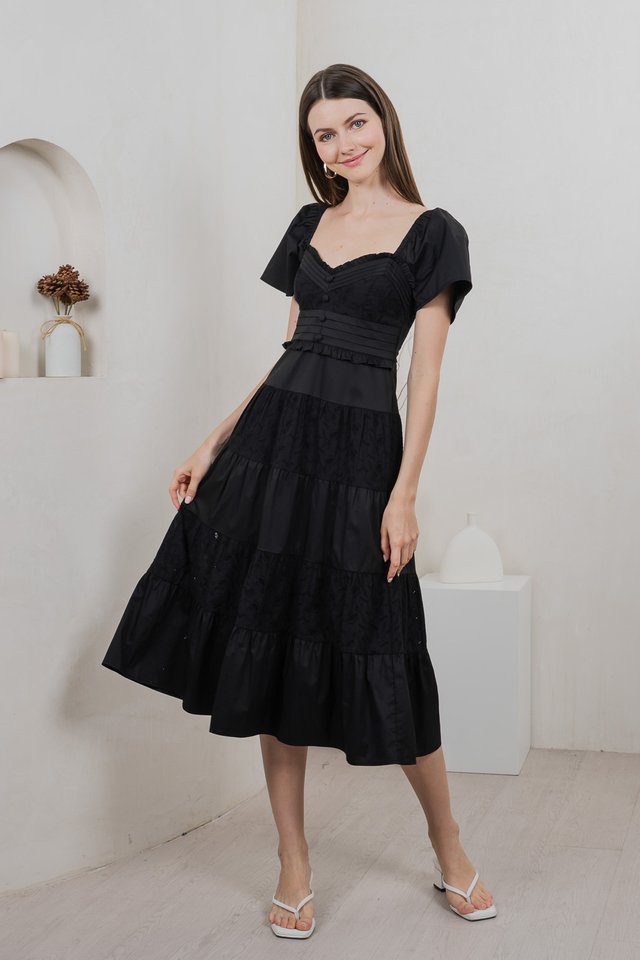 Perla Pintuck Eyelet Maxi Dress In Black