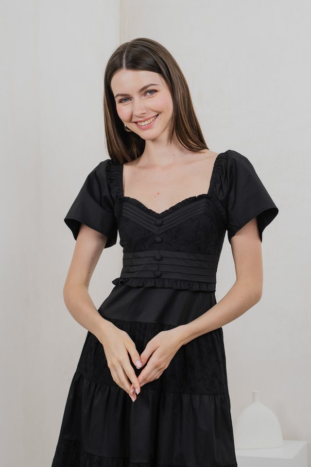 Perla Pintuck Eyelet Maxi Dress In Black