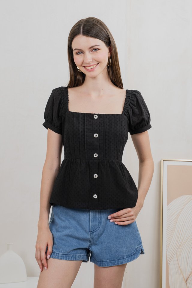 Indigo Swissdot Pintuck Button Top In Black