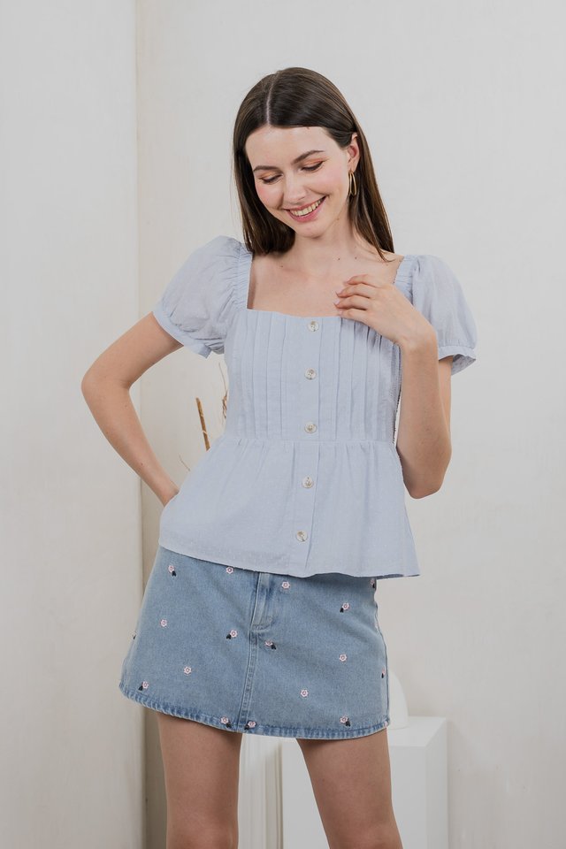Indigo Swiss Dots Pintuck Button Top In Light Blue