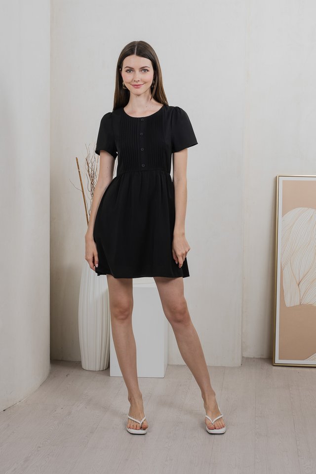 Portlyn Pintuck Button Dress In Black