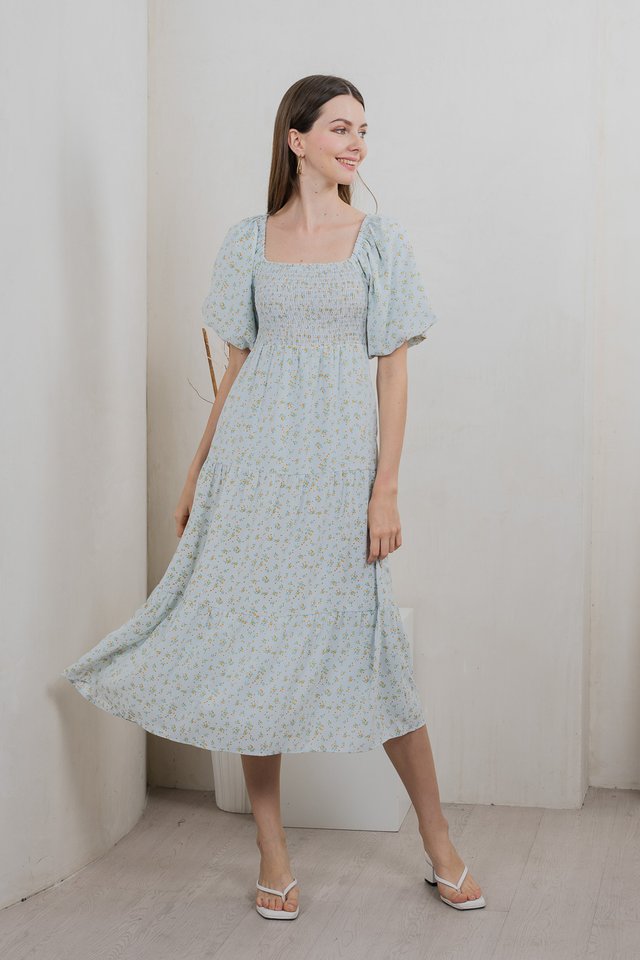 Twyla Smocked Tiered Midi Dress In Light Blue