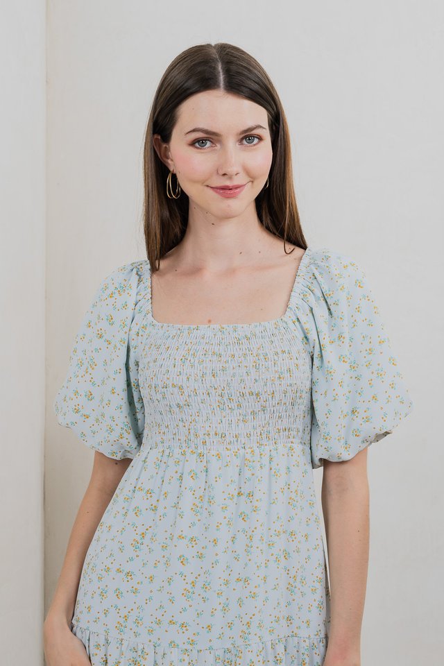 Twyla Smocked Tiered Midi Dress In Light Blue