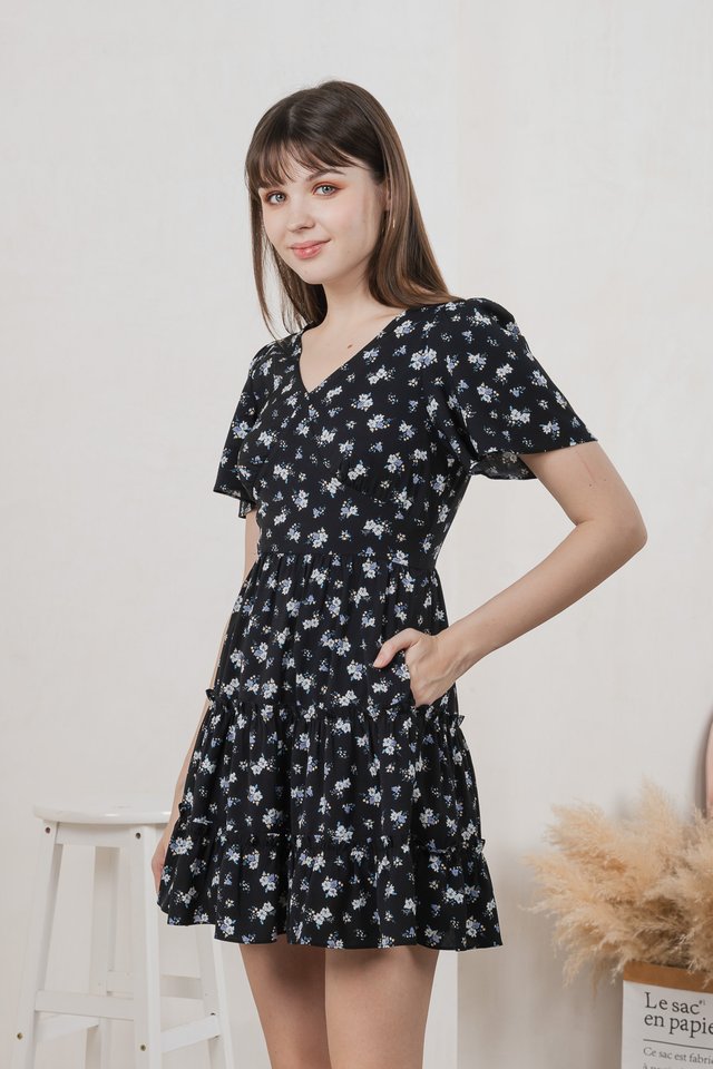 Etsuki Floral Tiered Ruffles Dress In Black