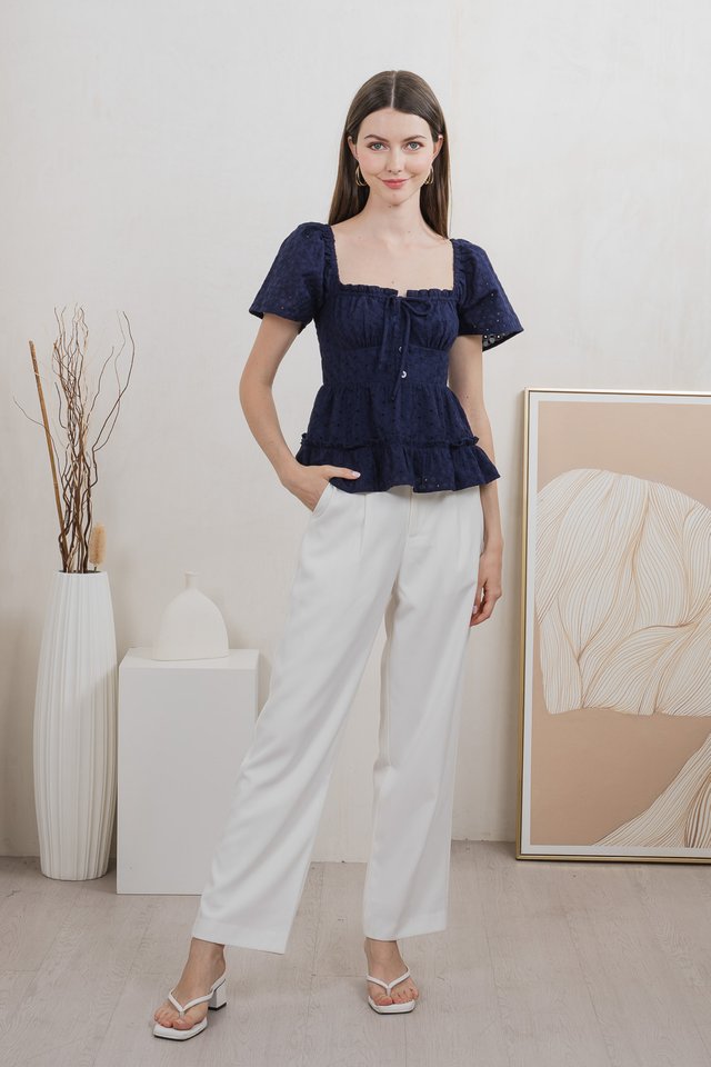 Estin Eyelet Embroidery Ribbon Top In Navy